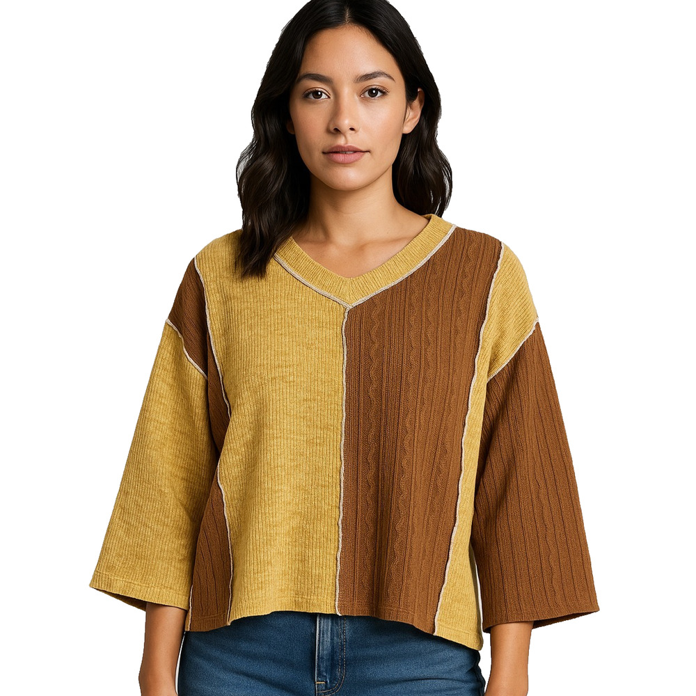 POL NWOT Colorblock Boxy Sweater Top S Tan Brown Textured Knit‎ Patchwork Boho